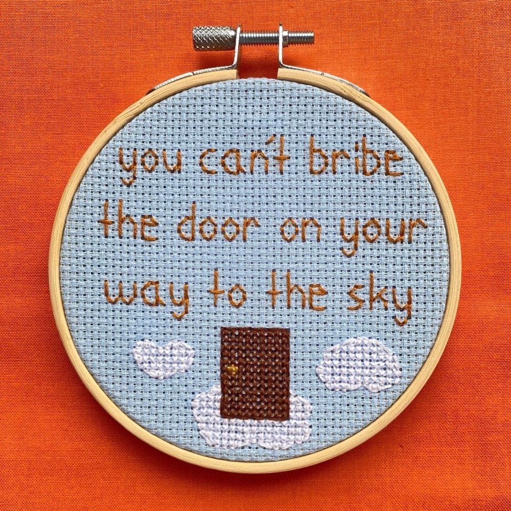 Harry Styles Sign of the Times Bribe the Door 4-inch Wooden-Framed Cross Stitch